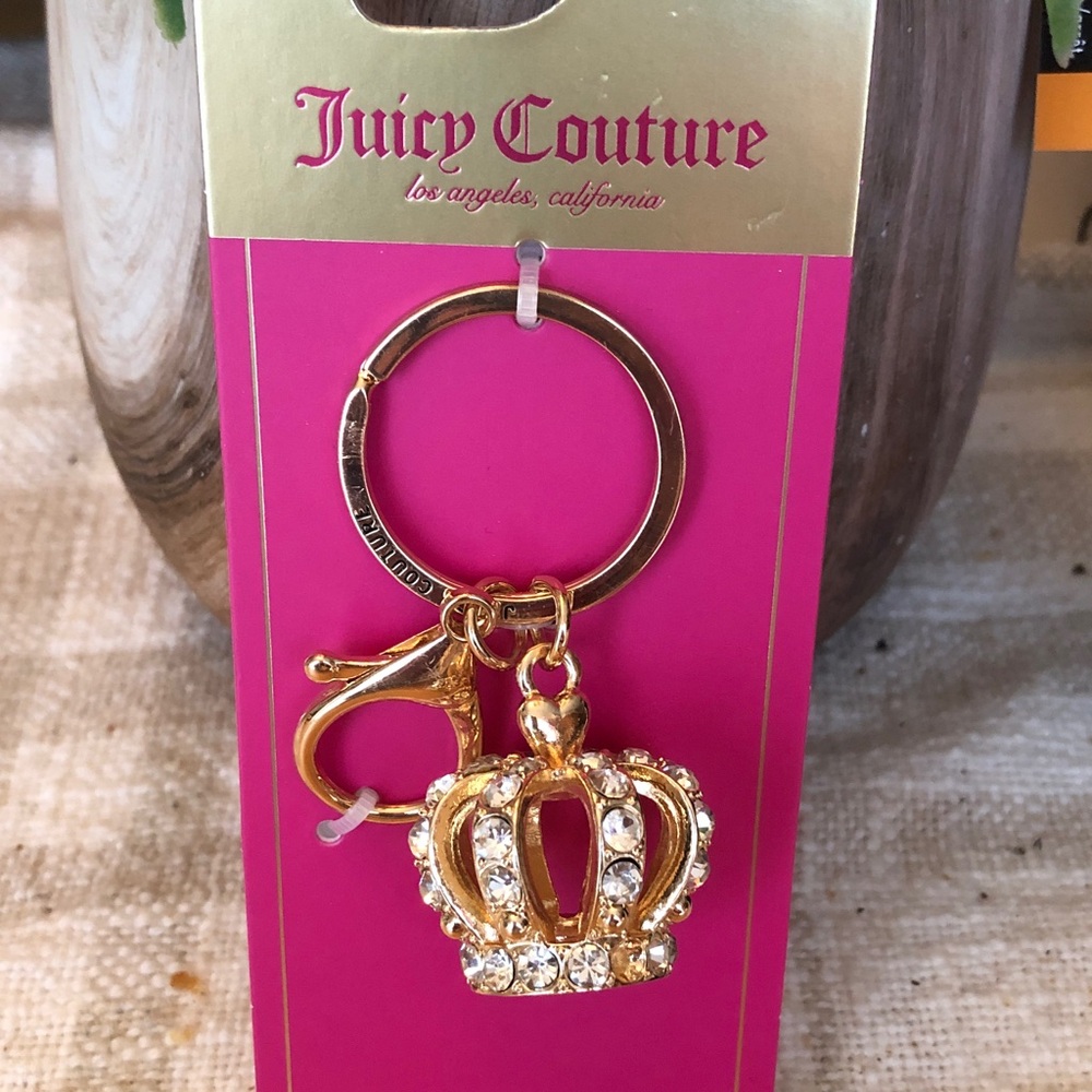 Juicy Couture Gold Tone 3D Crown & Clear Crystal Heart Bag Charm NWT